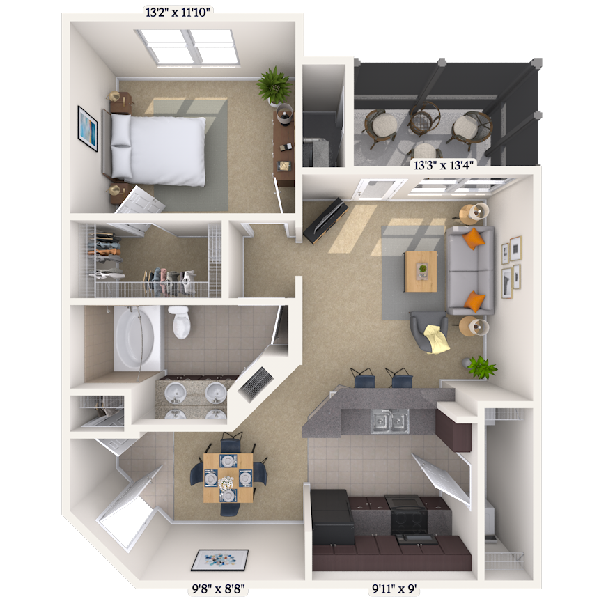 Floor plan for 1 bed, 1 bath, 770 sqft